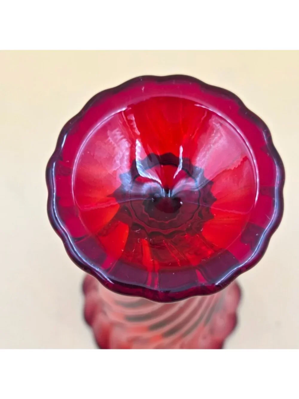 Fostoria Maypole Ruby Red Glass 6 Inch Bud Vase Swirl Footed Vintage